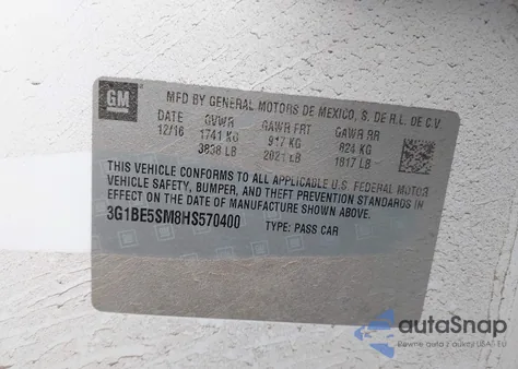 2017 Chevrolet Cruze Lt Auto z USA, uszkodzony, nr VIN 3G1BE5SM8HS570400